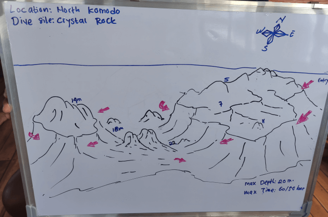 painted map of the dive site Crystal Rock in Komodo